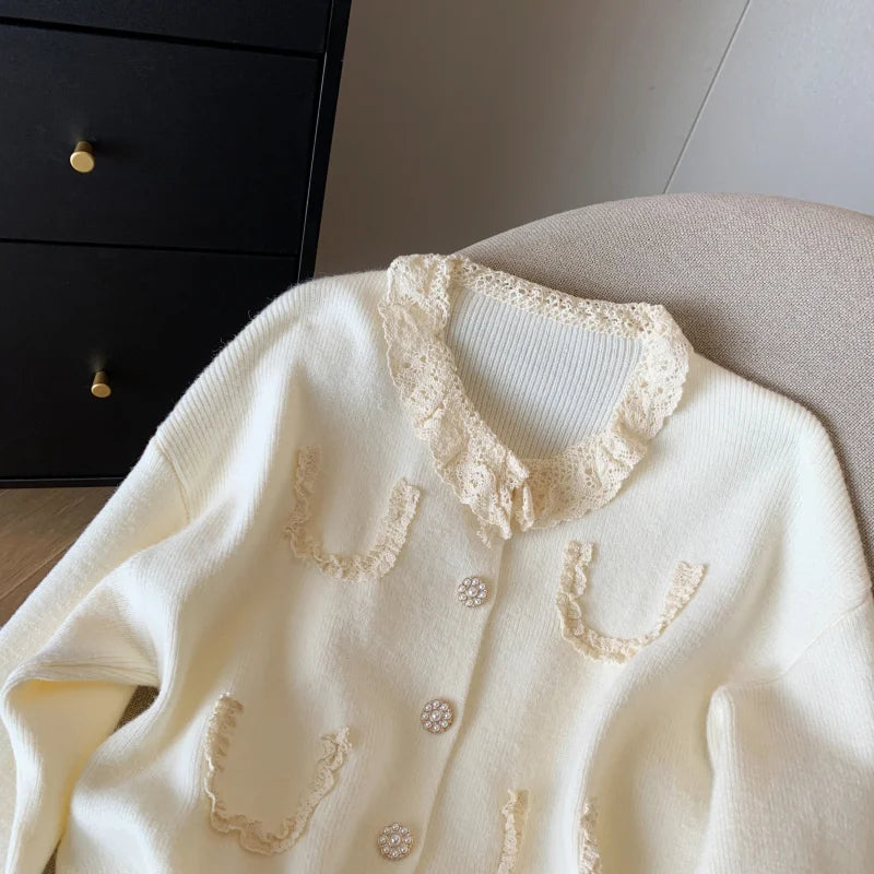 Vintage Lace-Trimmed Knit Cardigan