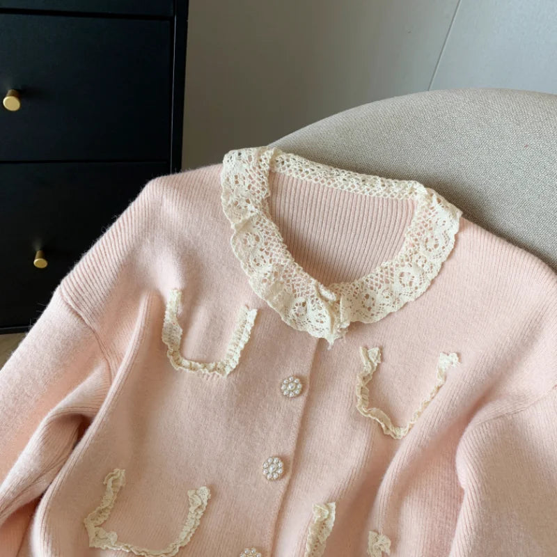 Vintage Lace-Trimmed Knit Cardigan